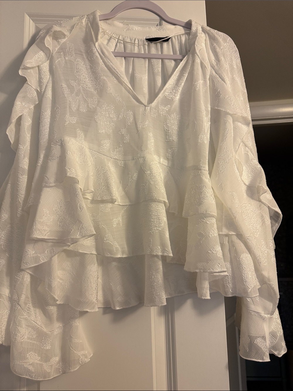 Women's White Ruffled V-Neck Blouse